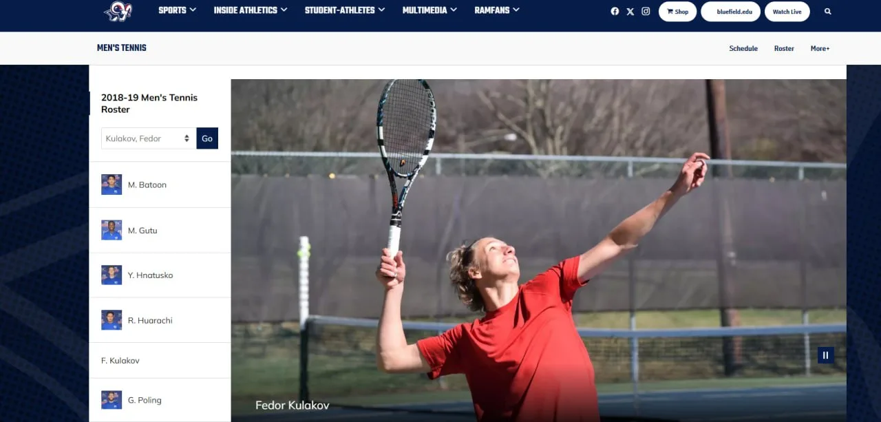 Страница состава мужской теннисной команды Bluefield University, сезон 2018/19